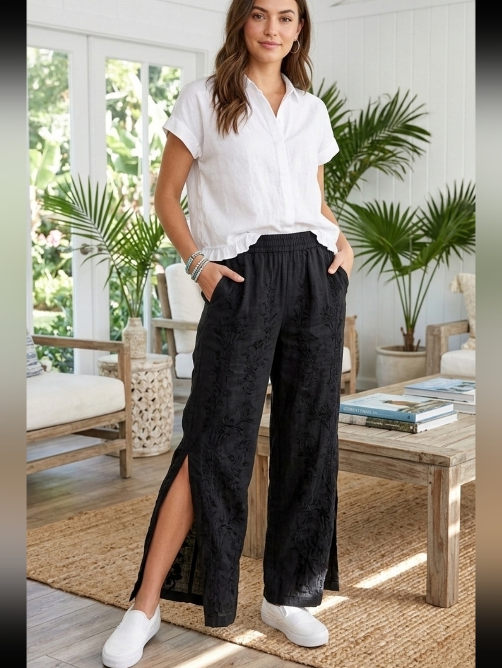 Johnny Was Renee Embroired Side Slit Palazzo Linen Pants Size XS
